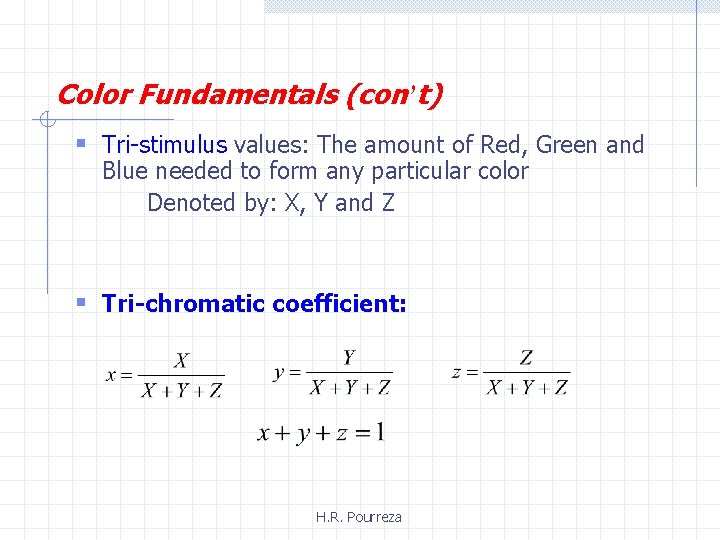 Color Fundamentals (con’t) § Tri-stimulus values: The amount of Red, Green and Blue needed