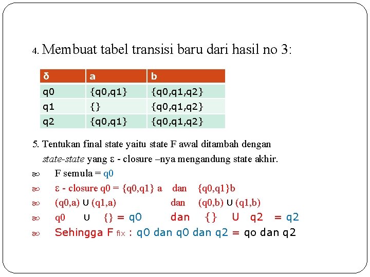 4. Membuat tabel transisi baru dari hasil no 3: δ a b q 0