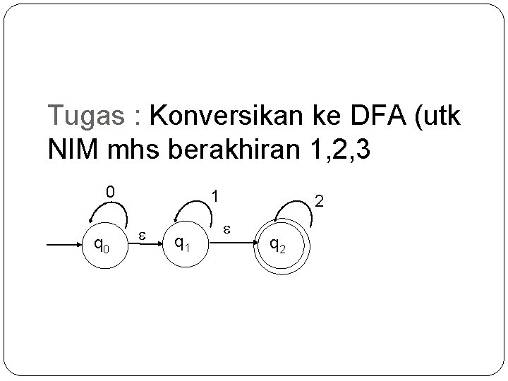 Tugas : Konversikan ke DFA (utk NIM mhs berakhiran 1, 2, 3 0 q