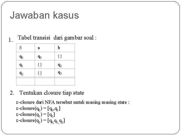 Jawaban kasus 1. Tabel transisi dari gambar soal : a b q 0 q