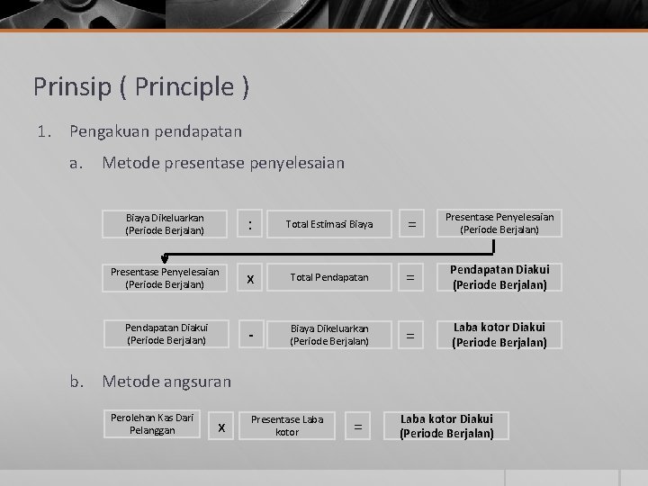 Prinsip ( Principle ) 1. Pengakuan pendapatan a. Metode presentase penyelesaian Biaya Dikeluarkan (Periode