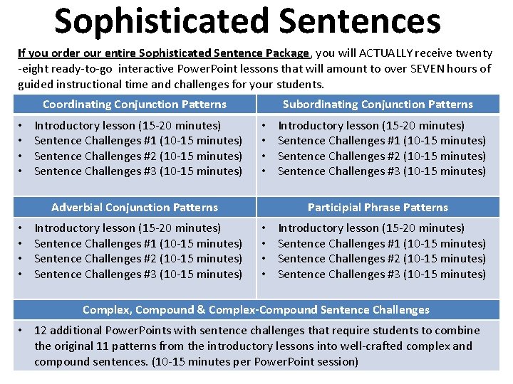 Sophisticated Sentences If you order our entire Sophisticated Sentence Package, you will ACTUALLY receive