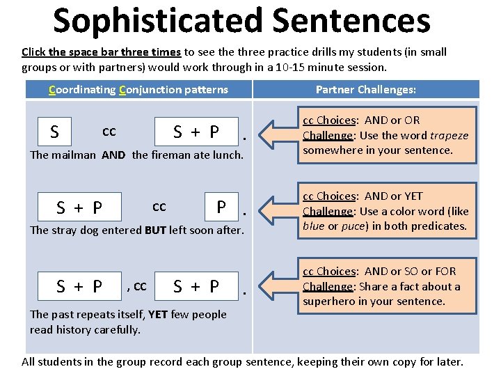 Sophisticated Sentences Click the space bar three times to see three practice drills my