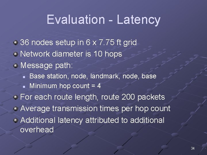 Evaluation - Latency 36 nodes setup in 6 x 7. 75 ft grid Network