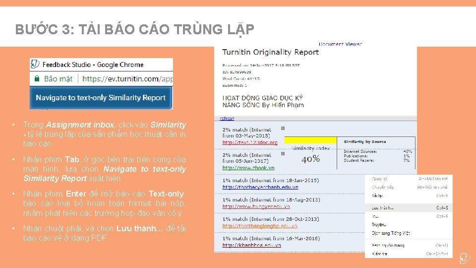 BƯỚC 3: TẢI BÁO CÁO TRÙNG LẶP • Trong Assignment inbox, click vào Similarity