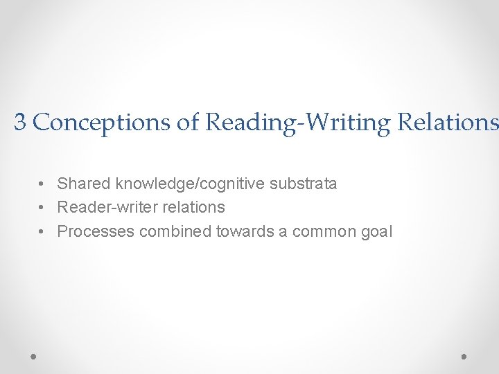 3 Conceptions of Reading-Writing Relations • Shared knowledge/cognitive substrata • Reader-writer relations • Processes