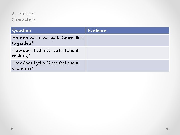 2. Page 26 Characters Question How do we know Lydia Grace likes to garden?