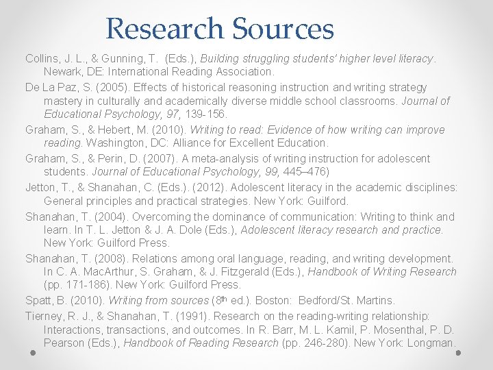 Research Sources Collins, J. L. , & Gunning, T. (Eds. ), Building struggling students'