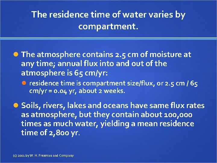The residence time of water varies by compartment. The atmosphere contains 2. 5 cm