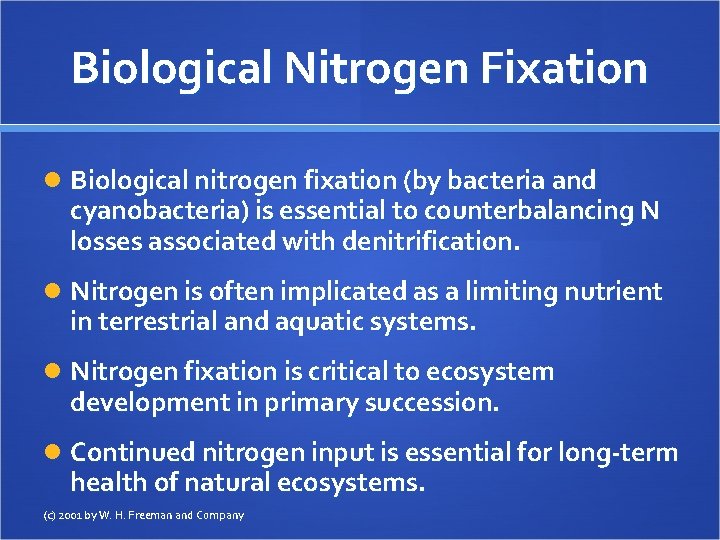 Biological Nitrogen Fixation Biological nitrogen fixation (by bacteria and cyanobacteria) is essential to counterbalancing