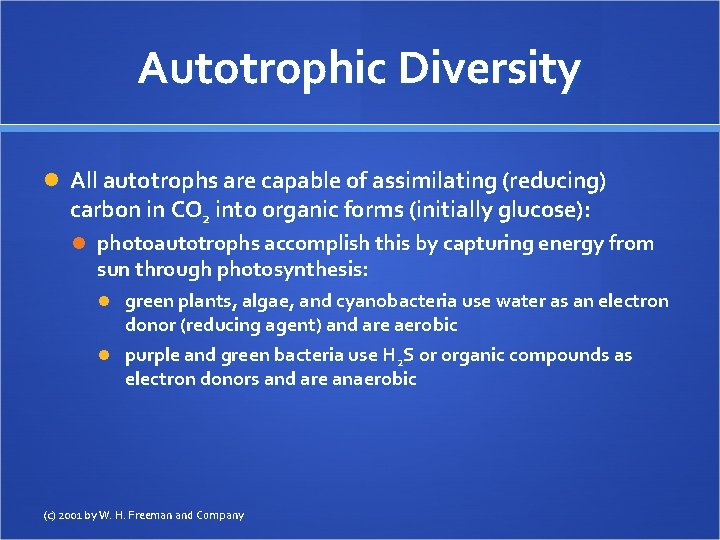 Autotrophic Diversity All autotrophs are capable of assimilating (reducing) carbon in CO 2 into