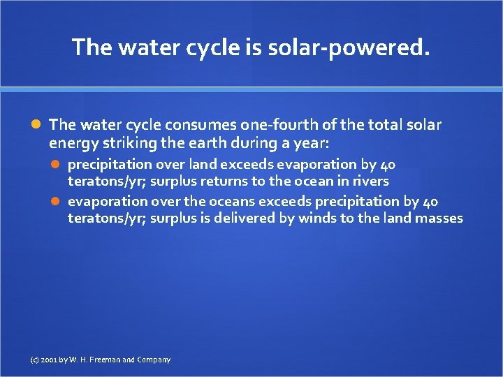 The water cycle is solar-powered. The water cycle consumes one-fourth of the total solar