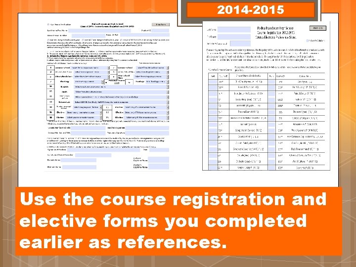 2014 -2015 Use the course registration and elective forms you completed earlier as references. 2014 -2015 Use the course registration and elective forms you completed earlier as references.