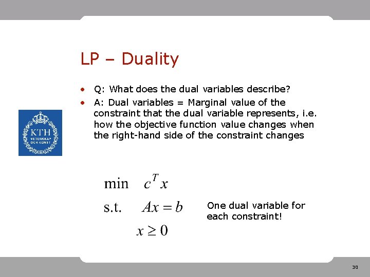 LP – Duality • Q: What does the dual variables describe? • A: Dual