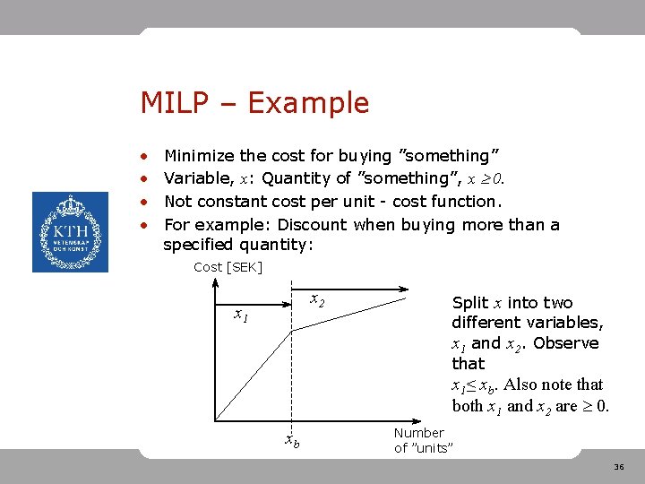 MILP – Example • • Minimize the cost for buying ”something” Variable, x: Quantity