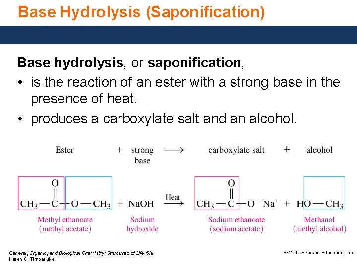 Base Hydrolysis (Saponification) Base hydrolysis, or saponification, • is the reaction of an ester