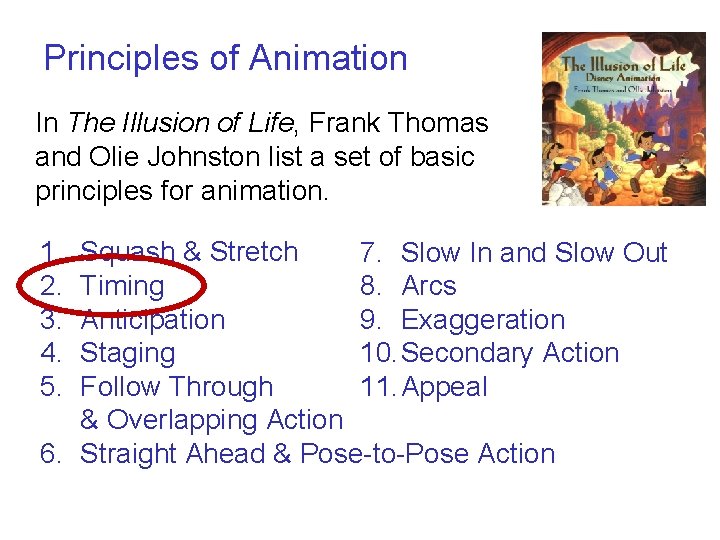 Principles of Animation In The Illusion of Life, Frank Thomas and Olie Johnston list
