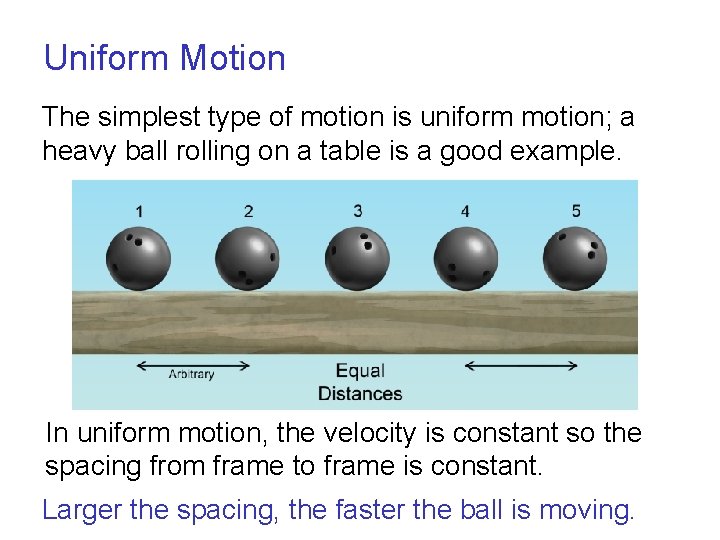 Uniform Motion The simplest type of motion is uniform motion; a heavy ball rolling