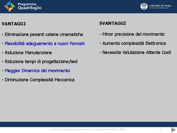 VANTAGGI SVANTAGGI - Eliminazione pesanti catene cinematiche - Minor precisione del movimento - Flessibilità