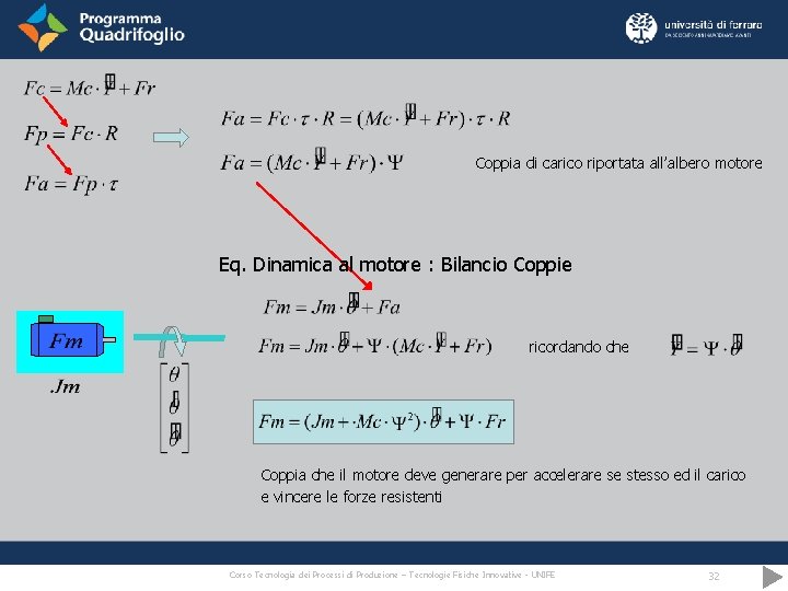 Coppia di carico riportata all’albero motore Eq. Dinamica al motore : Bilancio Coppie ricordando