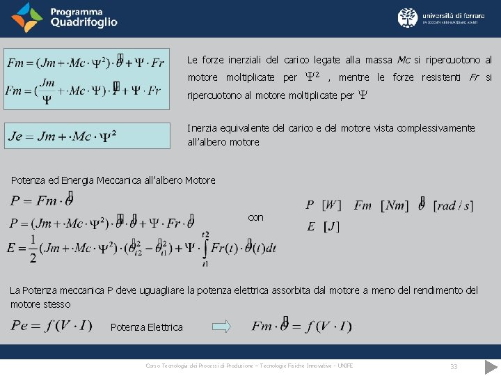 Le forze inerziali del carico legate alla massa Mc si ripercuotono al motore moltiplicate