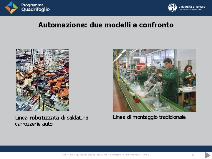 Automazione: due modelli a confronto Linea robotizzata di saldatura carrozzerie auto Linea di montaggio
