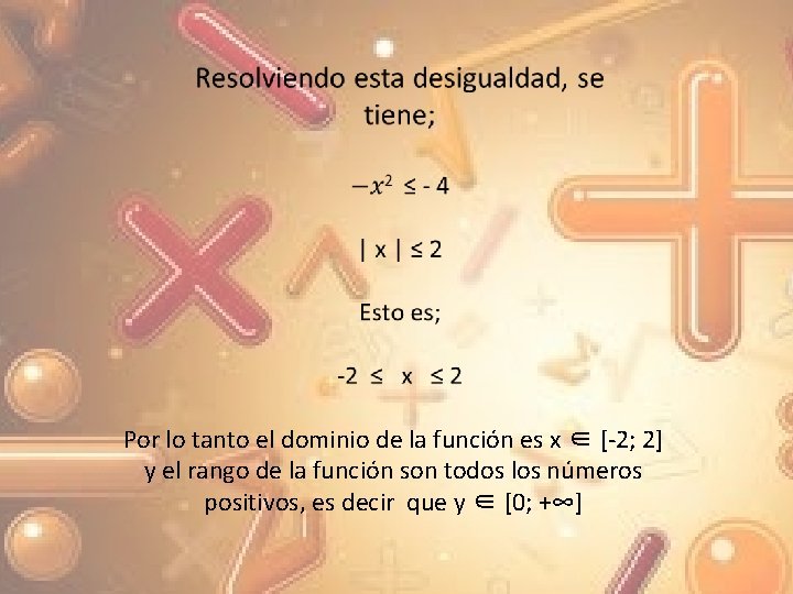  Por lo tanto el dominio de la función es x ∈ [-2; 2]