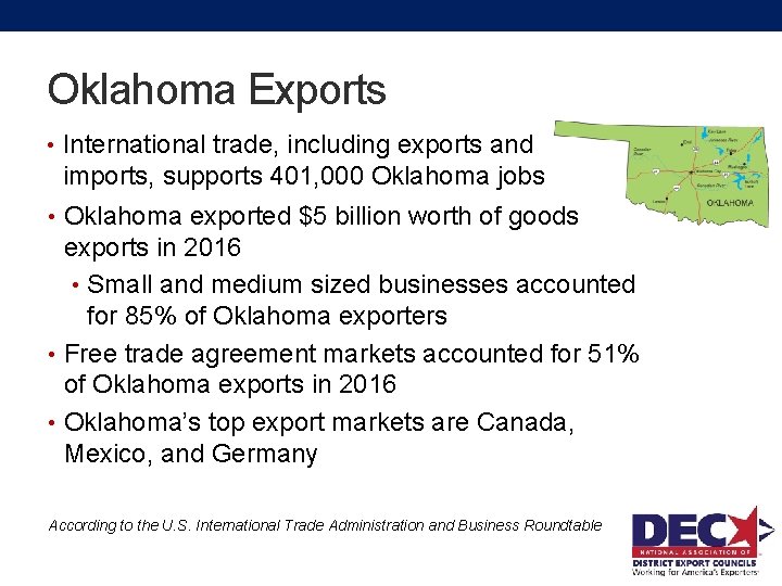 Oklahoma Exports • International trade, including exports and imports, supports 401, 000 Oklahoma jobs