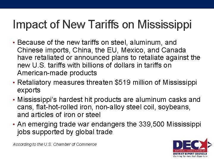 Impact of New Tariffs on Mississippi • Because of the new tariffs on steel,