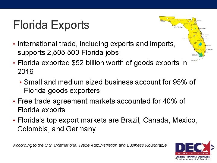 Florida Exports • International trade, including exports and imports, supports 2, 505, 500 Florida