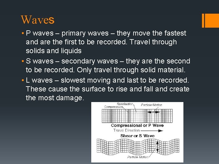 Waves • P waves – primary waves – they move the fastest and are