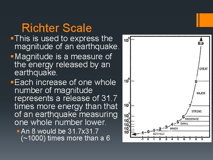 Richter Scale § This is used to express the magnitude of an earthquake. §