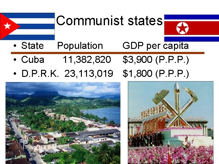 Communist states • State Population GDP per capita • Cuba 11, 382, 820 $3,
