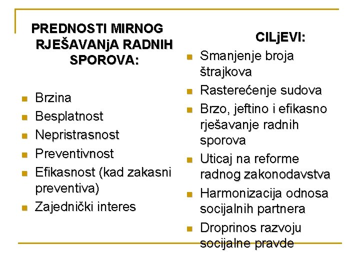 PREDNOSTI MIRNOG RJEŠAVANj. A RADNIH SPOROVA: n n n Brzina Besplatnost Nepristrasnost Preventivnost Efikasnost