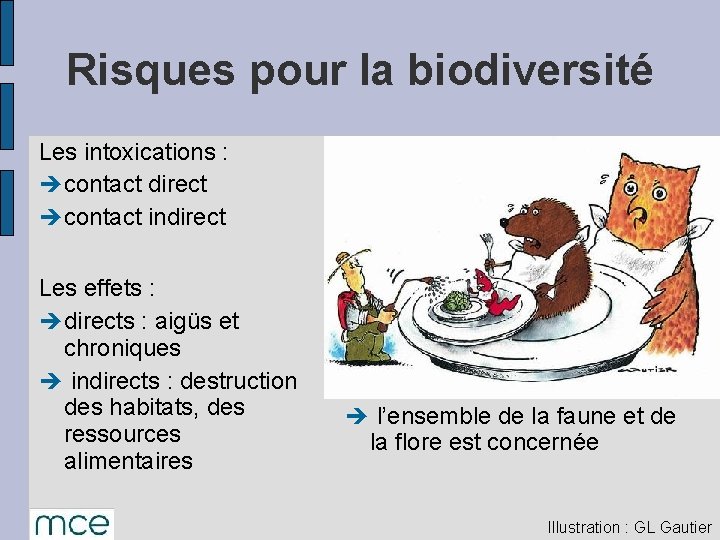 Risques pour la biodiversité Les intoxications : è contact direct è contact indirect Les