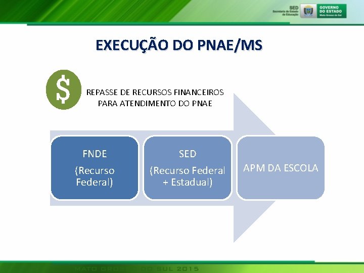 EXECUÇÃO DO PNAE/MS REPASSE DE RECURSOS FINANCEIROS PARA ATENDIMENTO DO PNAE FNDE SED (Recurso