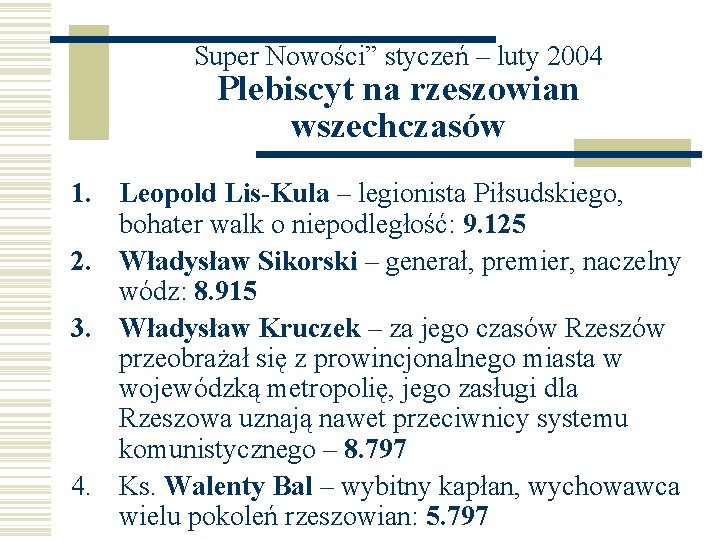 Super Nowości” styczeń – luty 2004 Plebiscyt na rzeszowian wszechczasów 1. Leopold Lis-Kula –