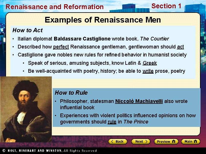 Renaissance and Reformation Section 1 Examples of Renaissance Men How to Act • Italian