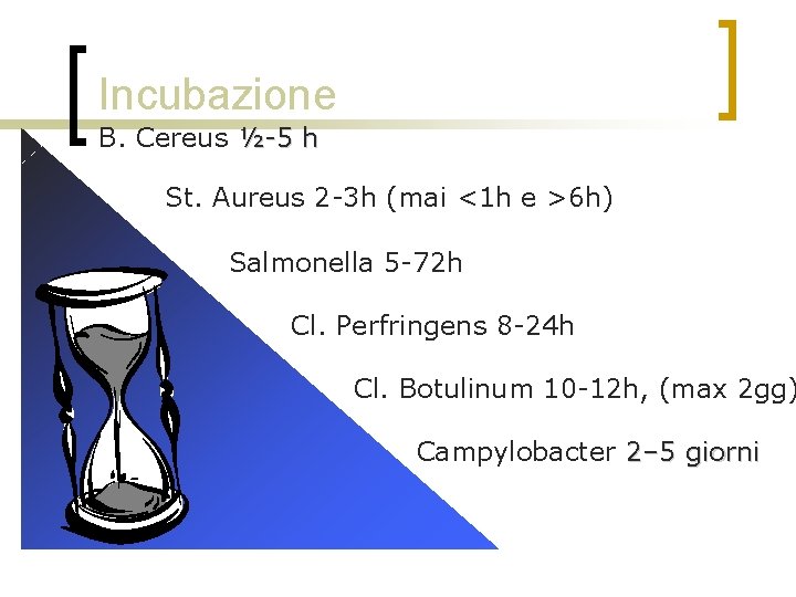 Incubazione B. Cereus ½-5 h St. Aureus 2 -3 h (mai <1 h e