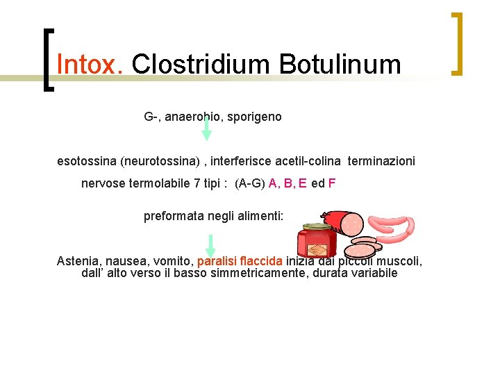 Intox. Clostridium Botulinum G-, anaerobio, sporigeno esotossina (neurotossina) , interferisce acetil-colina terminazioni nervose termolabile