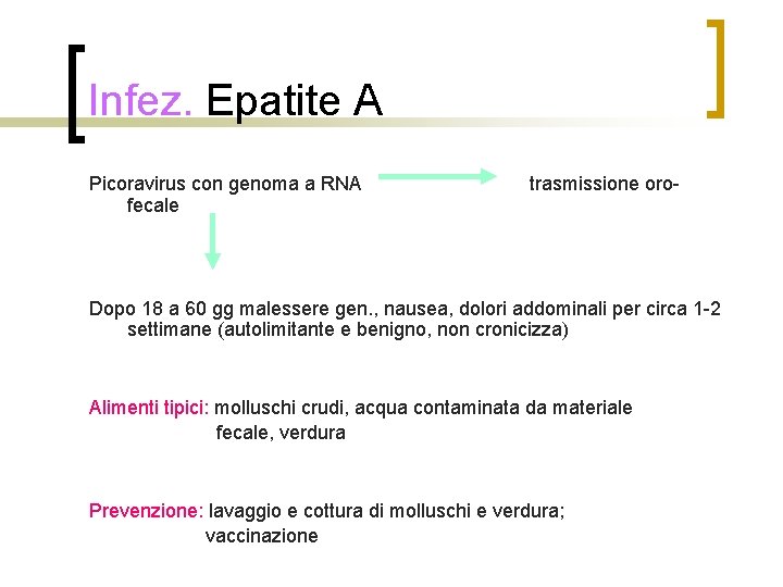 Infez. Epatite A Picoravirus con genoma a RNA fecale trasmissione oro- Dopo 18 a