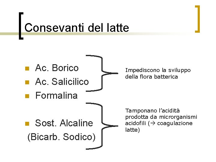 Consevanti del latte n n n Ac. Borico Ac. Salicilico Formalina Sost. Alcaline (Bicarb.