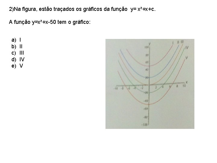 2)Na figura, estão traçados os gráficos da função y= x²+x+c. A função y=x²+x-50 tem