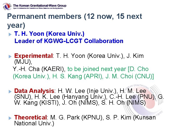 Permanent members (12 now, 15 next year) ▶ T. H. Yoon (Korea Univ. )