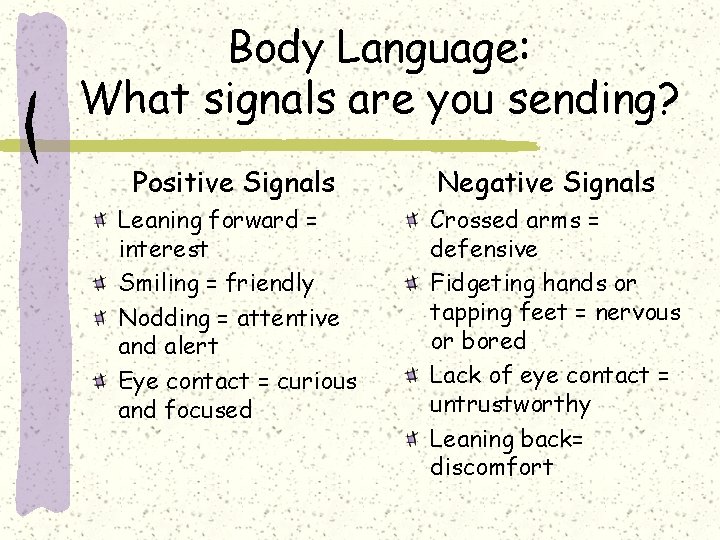 Body Language: What signals are you sending? Positive Signals Leaning forward = interest Smiling