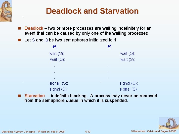 Deadlock and Starvation n Deadlock – two or more processes are waiting indefinitely for
