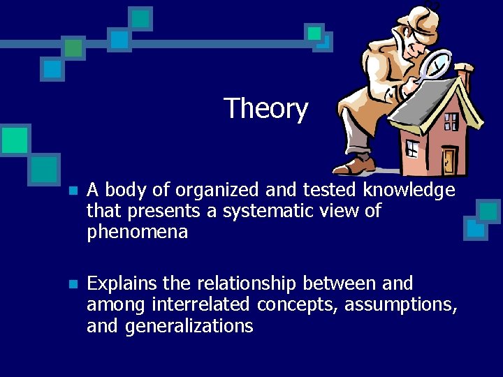 Theory n A body of organized and tested knowledge that presents a systematic view