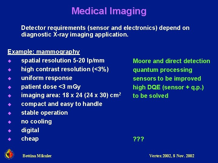 Medical Imaging Detector requirements (sensor and electronics) depend on diagnostic X-ray imaging application. Example: