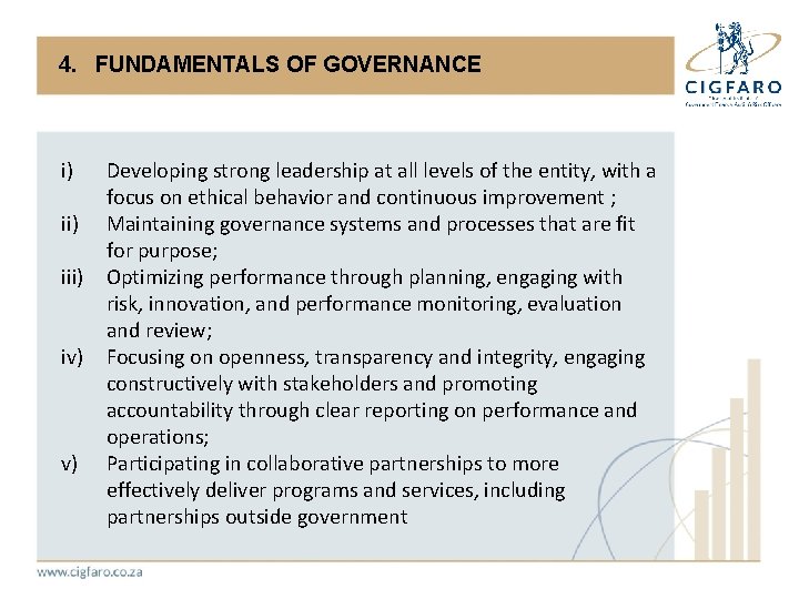4. FUNDAMENTALS OF GOVERNANCE i) Developing strong leadership at all levels of the entity,