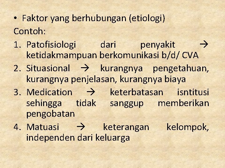  • Faktor yang berhubungan (etiologi) Contoh: 1. Patofisiologi dari penyakit ketidakmampuan berkomunikasi b/d/